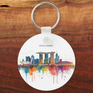 Singaporese stadsretro waterverf Skyline Sleutelhanger