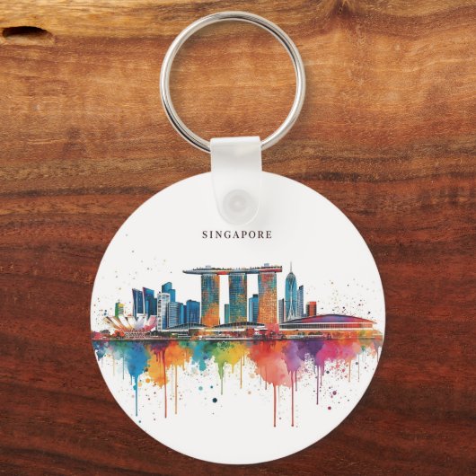 Singaporese stadsretro waterverf Skyline Sleutelhanger (Voorkant)