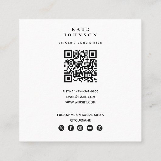 Singer Musician Foto Social Media QR Code Vierkante Visitekaartje (Achterkant)