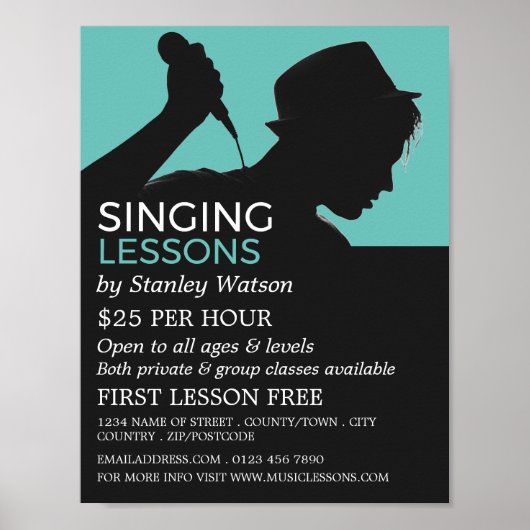 Singer Silhouette, Vocalistisch Lessons Adverteren Poster (Voorkant)