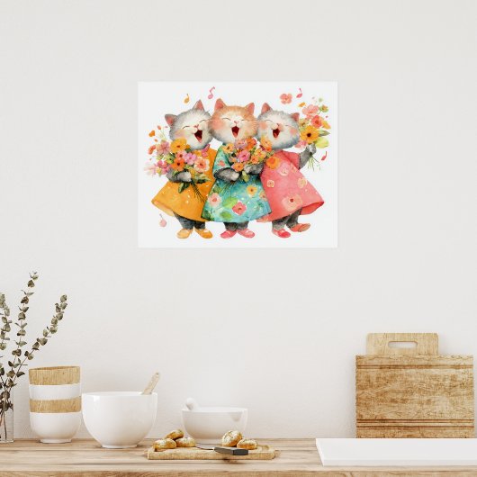 Singing Cats Holding Bouquets Poster (Keuken)