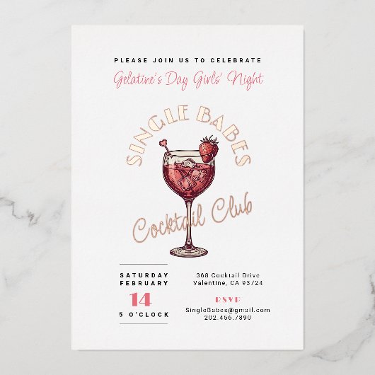 Single Babes Galentine's Day Feest Roze Cocktail Folie Uitnodiging (Voorkant)