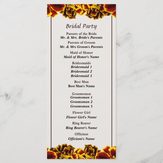 Single French Marigold Wedding Programme Programmakaart (Achterkant)