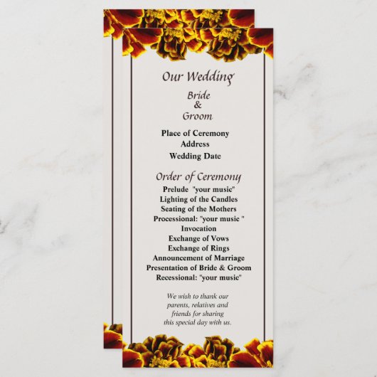 Single French Marigold Wedding Programme Programmakaart (Voorkant / Achterkant)