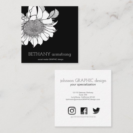Single Hand Getrokken Zonnebloem Stem Zwart & Wit Vierkante Visitekaartje (Voorkant / Achterkant)