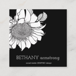 Single Hand Getrokken Zonnebloem Stem Zwart & Wit Vierkante Visitekaartje