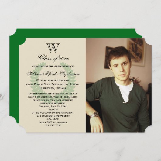 Single Initiaal Monogram Green Photo Afstuderen Kaart (Voorkant / Achterkant)