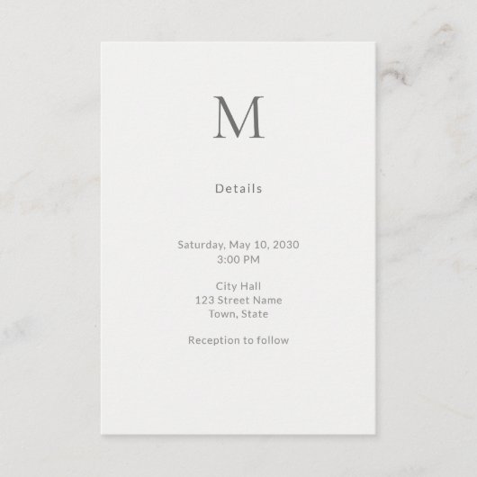 Single Initial Civil Wedding Details Card Informatiekaartje (Voorkant)
