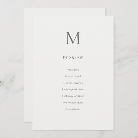 Single Initial Civil Wedding Program Card Programmakaart (Voorkant / Achterkant)