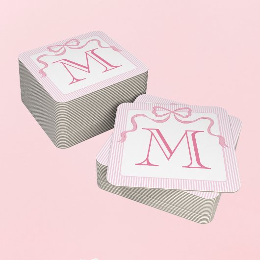 Single Letter Monogram Roze strik, Aangepast lint Kartonnen Onderzetters