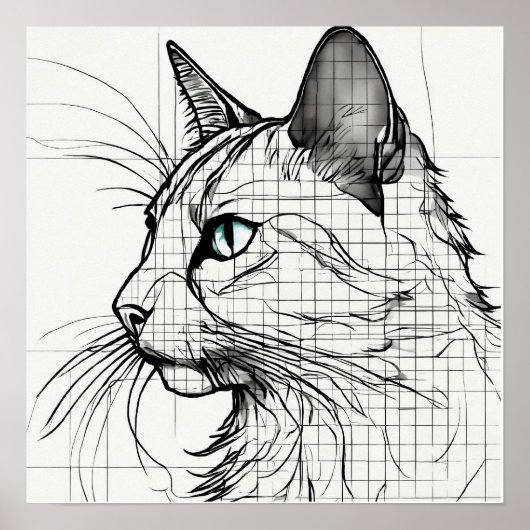 Single Lines Grid Schets van Black Cat Silhouette Poster (Voorkant)