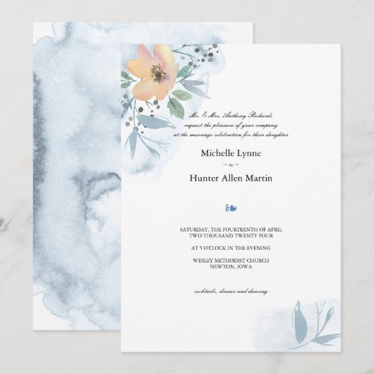 Single Peach Roos en Dusty Blue Wedding Kaart (Voorkant / Achterkant)