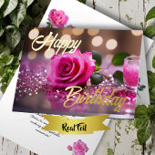 Single Pink Rose Elegante Verjaardagswens Folie Wenskaart