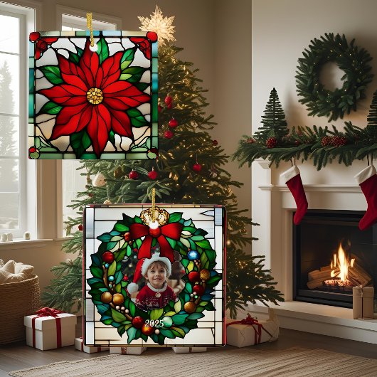Single Poinsettias Faux-Glas in lood Keramisch Ornament