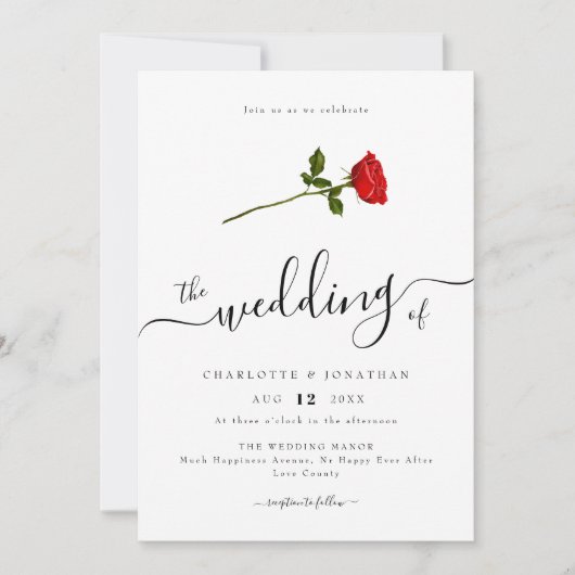Single Red Rose Elegant Script Minimalist Kaart (Voorkant)