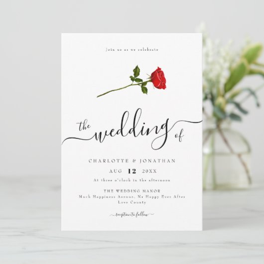 Single Red Rose Elegant Script Minimalist Kaart (Staand voorkant)