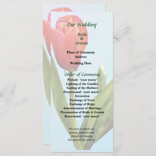 Single Red Tulip Wedding Programme Programmakaart (Voorkant / Achterkant)