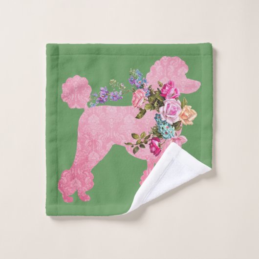 Single Roze Franse Poedel op Groen Bad Handdoek (Wasdoekje)