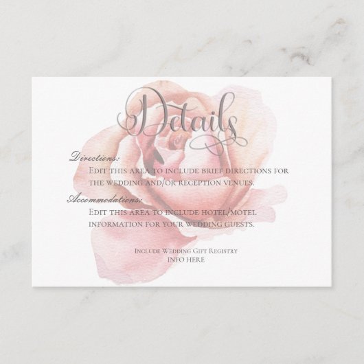 Single roze rozenknopje bloem details bruiloft informatiekaartje (Voorkant)