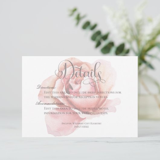 Single roze rozenknopje bloem details bruiloft informatiekaartje (Staand voorkant)