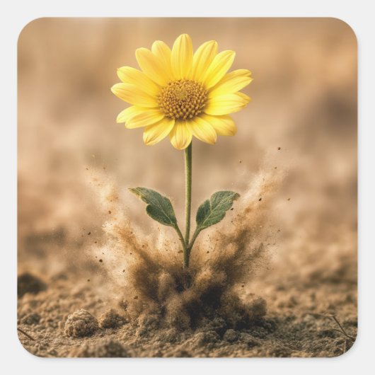 Single Yellow Daisy Bursting Out of Dirt Vierkante Sticker (Voorkant)