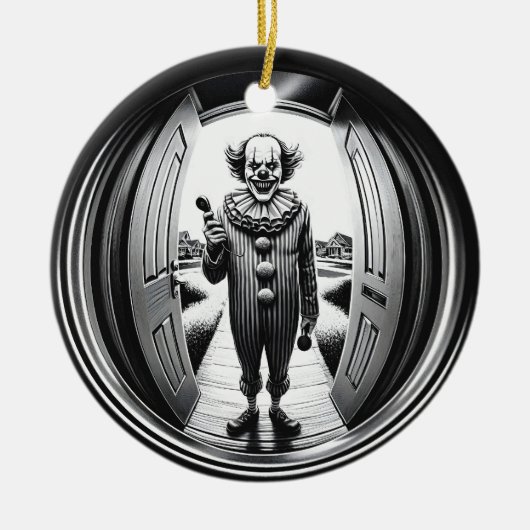 Sinister Clown voor de deur | Fisheye Keramisch Ornament (Voorkant)