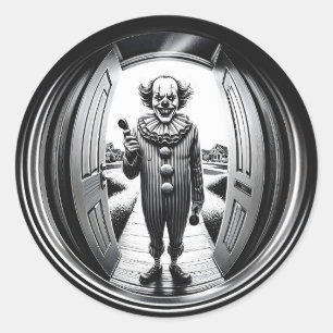 Sinister Clown voor de deur   Fisheye Ronde Sticker