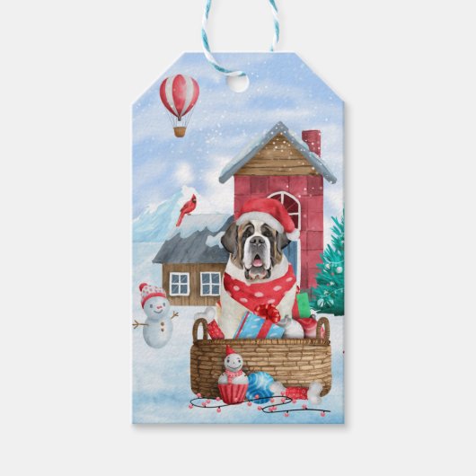 Sint-Bernard Dog in het sneeuwkersthondenhuis Cadeaulabel (Voorkant)