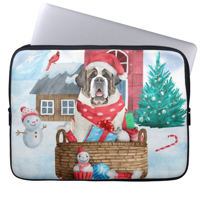 Sint-Bernard Dog in het sneeuwkersthondenhuis Laptop Sleeve (Voorkant)