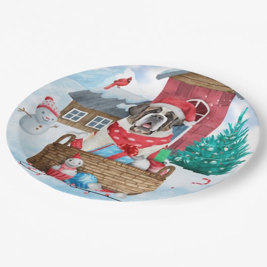 Sint-Bernard Dog in het sneeuwkersthondenhuis Papieren Bordje (Gekanteld)