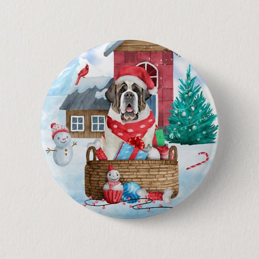 Sint-Bernard Dog in het sneeuwkersthondenhuis Ronde Button 5,7 Cm (Voorkant)