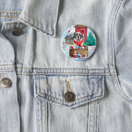 Sint-Bernard Dog in het sneeuwkersthondenhuis Ronde Button 5,7 Cm (In situ)