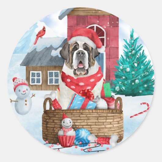 Sint-Bernard Dog in het sneeuwkersthondenhuis Ronde Sticker (Voorkant)