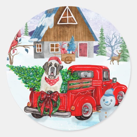 Sint Bernard Dog in kerstcadeauwagen Ronde Sticker (Voorkant)