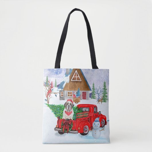 Sint Bernard Dog in kerstcadeauwagen Tote Bag (Voorkant)