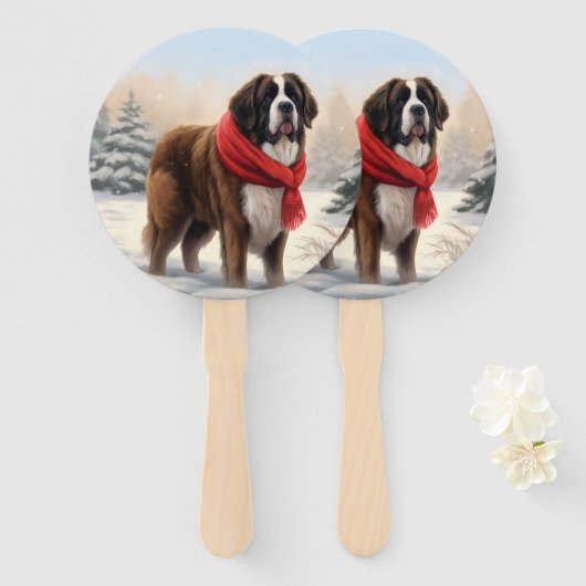 Sint-Bernard Dog met sneeuwkerst Handwaaier (Voorkant en achterkant)