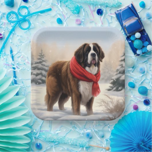 Sint-Bernard Dog met sneeuwkerst Papieren Bordje (Feest)
