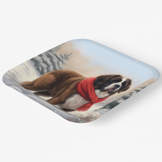 Sint-Bernard Dog met sneeuwkerst Papieren Bordje (Gebogen)