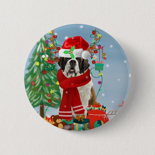 Sint-Bernard Dog met sneeuwkerst Ronde Button 5,7 Cm (Voorkant)