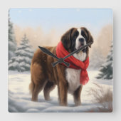 Sint-Bernard Dog met sneeuwkerst Vierkante Klok (Voorkant)