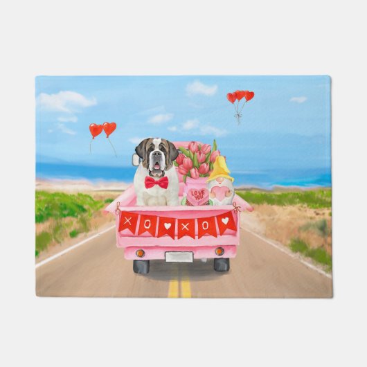 Sint Bernard Dog Valentijnsdag Truck Hearts Deurmat (Voorkant)