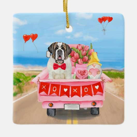 Sint Bernard Dog Valentijnsdag Truck Hearts Keramisch Ornament (Voorkant)