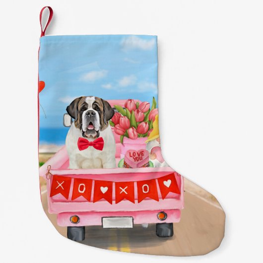 Sint Bernard Dog Valentijnsdag Truck Hearts Kleine Kerstsok (Voorkant)