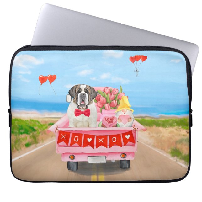 Sint Bernard Dog Valentijnsdag Truck Hearts Laptop Sleeve (Voorkant)