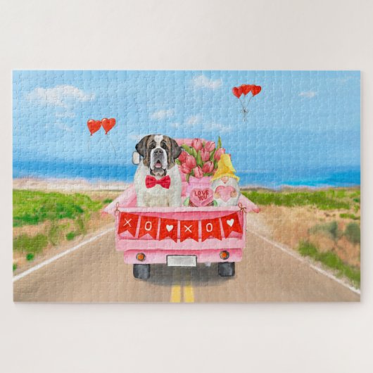 Sint Bernard Dog Valentijnsdag Truck Hearts Legpuzzel (Horizontaal)