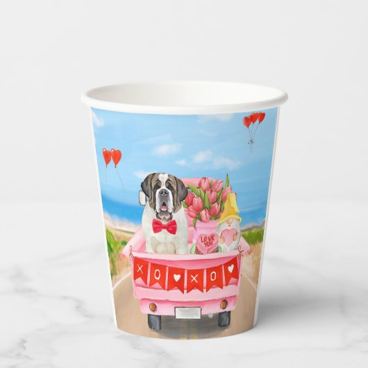 Sint Bernard Dog Valentijnsdag Truck Hearts Papieren Bekers (Achterkant)