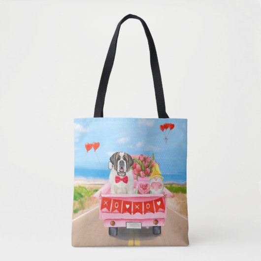 Sint Bernard Dog Valentijnsdag Truck Hearts Tote Bag (Voorkant)
