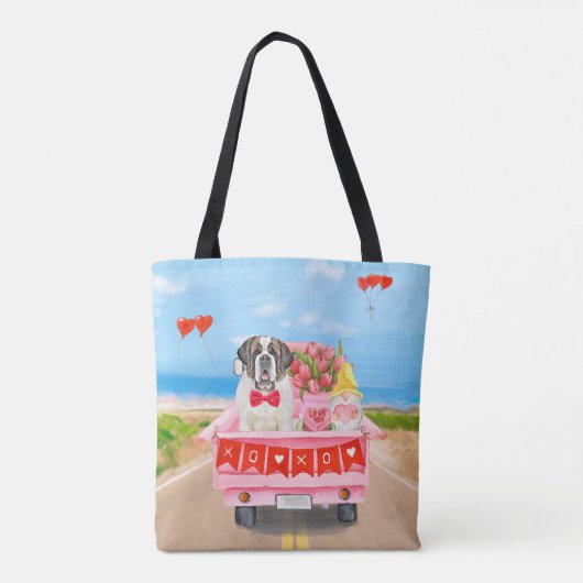 Sint Bernard Dog Valentijnsdag Truck Hearts Tote Bag (Achterkant)