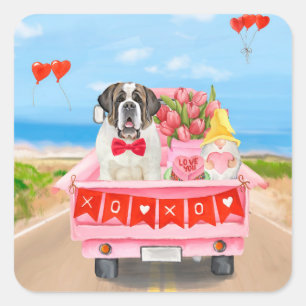 Sint Bernard Dog Valentijnsdag Truck Hearts Vierkante Sticker