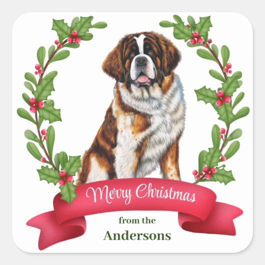 Sint Bernard Hond Holly Banner Kerstmis Vierkante Sticker (Voorkant)